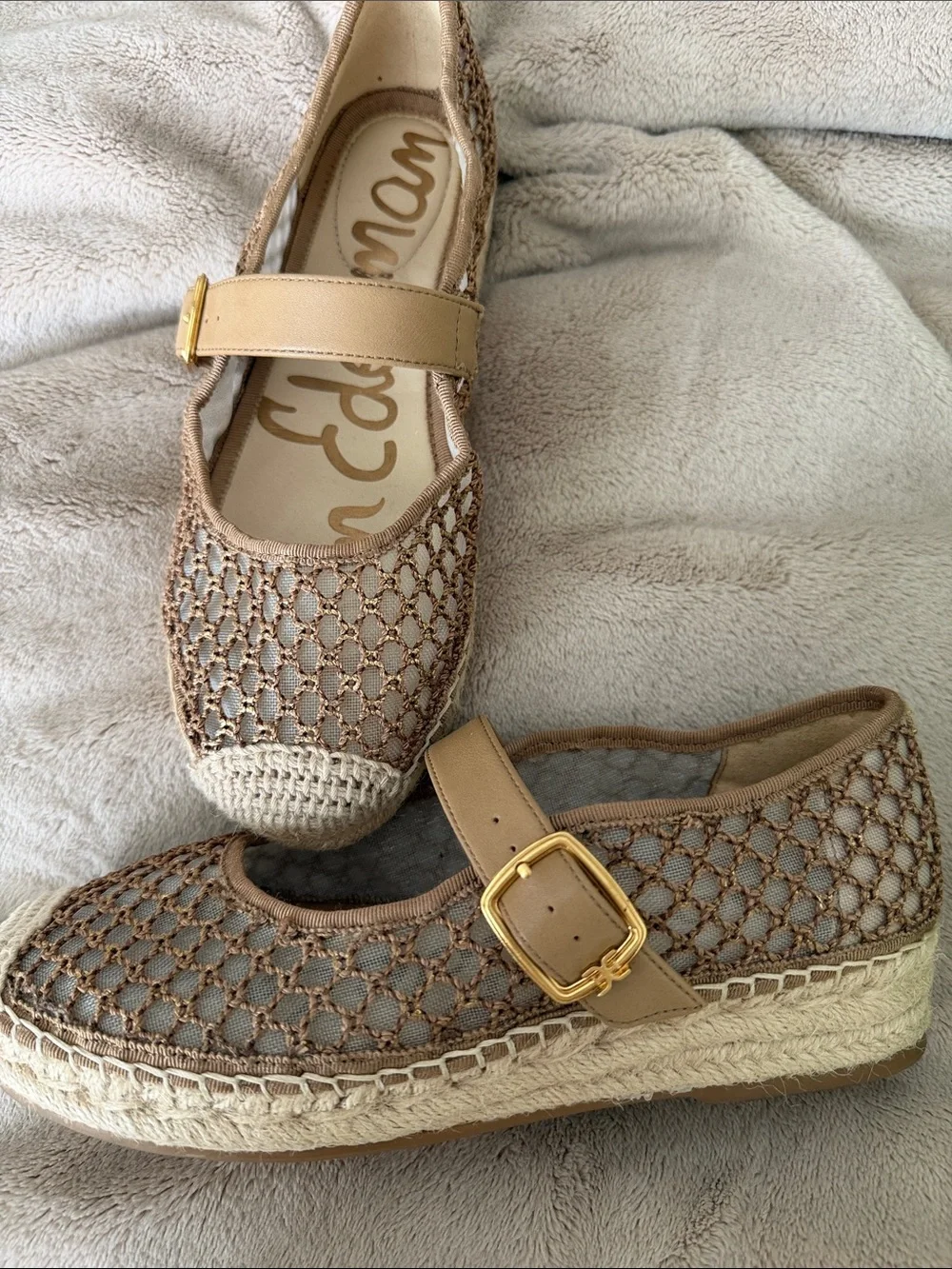Sam Edelman Mackie Gold/Tan Crochet Espadrille Mary Jane Shoes, size 6.5